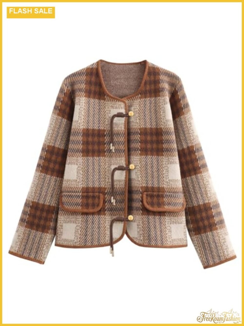 Plaid Button Down Cardigan Sweater Color Block Knit Jacket with Pockets